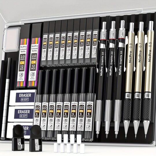 ANJAYLIA; 34pcs Art Mechanical Pencil Set in Case, 6 Drafting Pencil 0.5 0.7 0.9 2mm Lead Holder; Category:Drawing Tools & Accessories; Image:1
